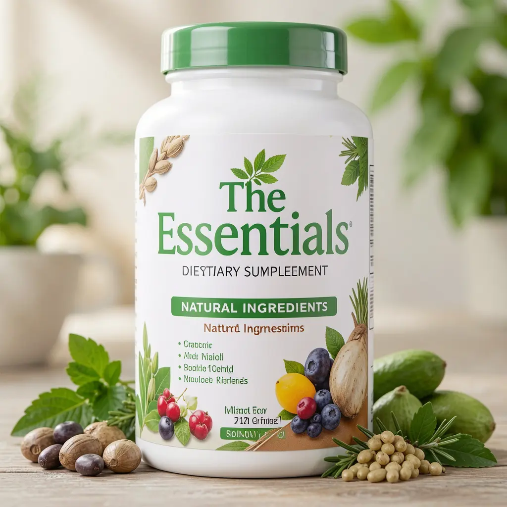 The Essentials dietary supplement bottle with natural ingredients